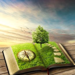 Illustration of magic opened book covered with grass, compass, tree an